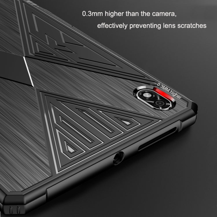 Raised camera-protective TPU lip on geometric tablet case, black/grey