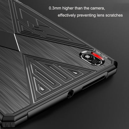 Raised camera-protective TPU lip on geometric tablet case, black/grey