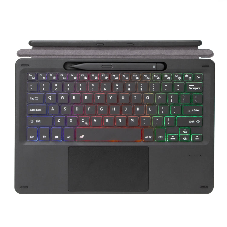 Backlit keyboard top view with multicolor keys and trackpad on dark base