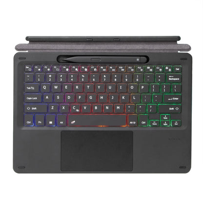 Backlit keyboard top view with multicolor keys and trackpad on dark base
