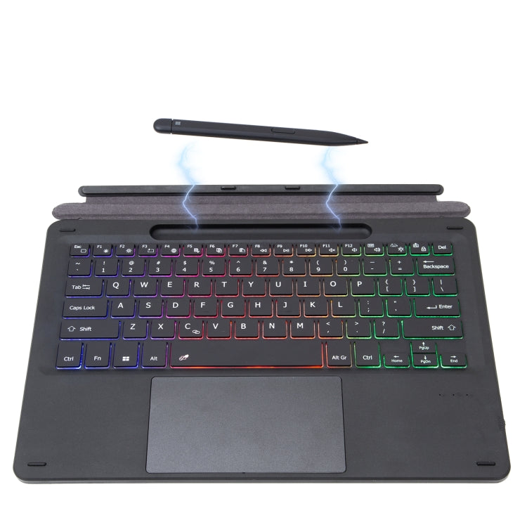 Multicolor backlit keyboard with folding stand, shown flat over a dark base