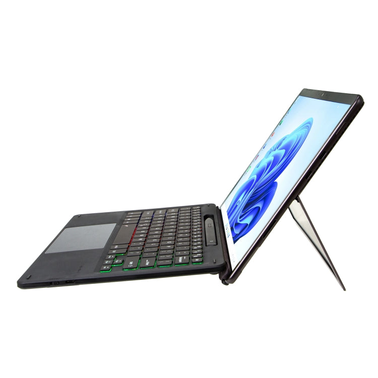Bluetooth keyboard and tablet stand in angled setup, dark keys with RGB backlight
