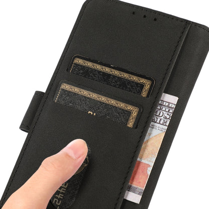 Black matte leather phone case with card slots, close-up showing a hand inserting cards