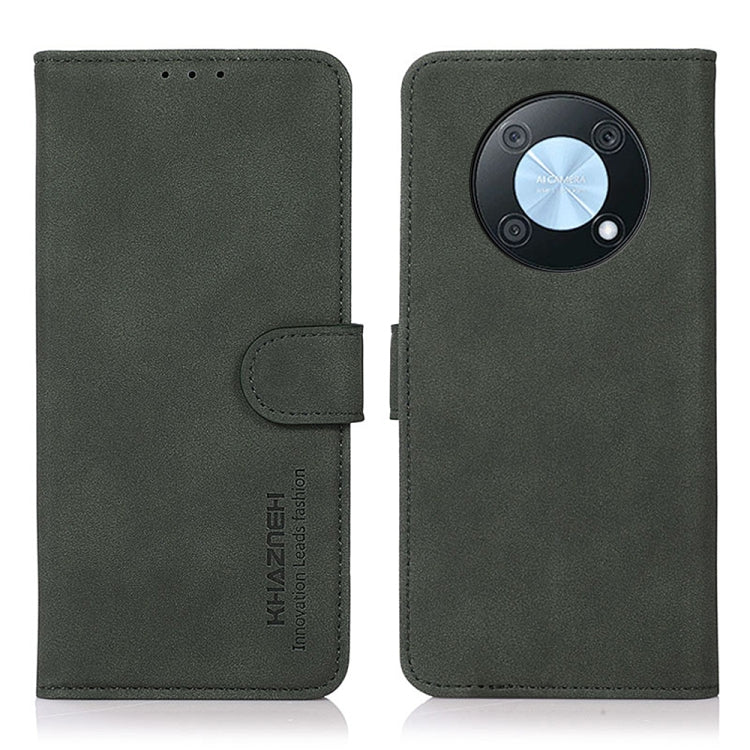 Matte leather phone case, green folio with front flap and side strap closure
