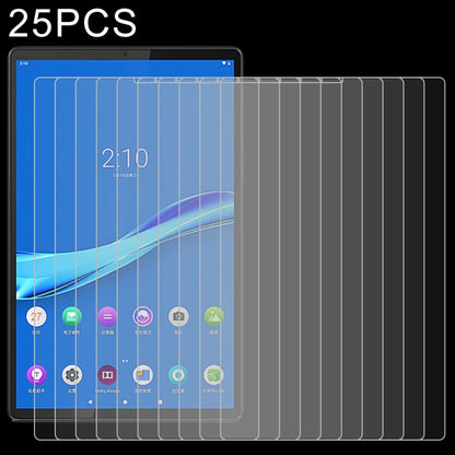 Tablet screen protector set of 25 tempered glass films, layered over tablet screen