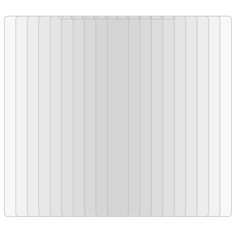 Pack of 25 tempered glass screen protectors stacked, clear film with rounded edges