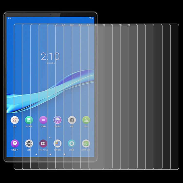 Tablet screen protector set of 25 tempered glass films, layered over tablet front