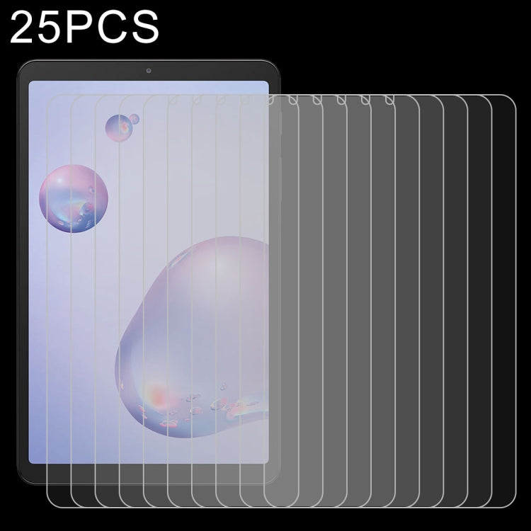 Tablet screen protector set of 25 tempered glass films, stacked over front display