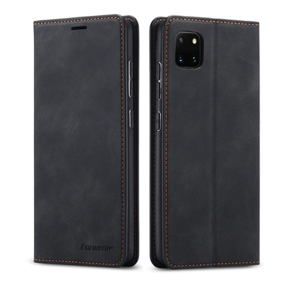 Black leather flip phone case with magnetic closure and card slots