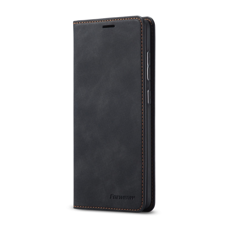 Black leather flip phone case with magnetic closure and slim side cutouts