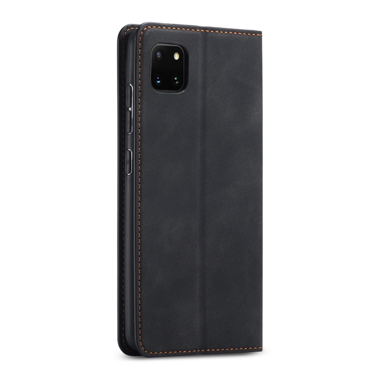 Black leather flip phone case with magnetic closure and rear camera cutout