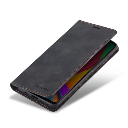 Leather flip phone case with magnetic stand, holds phone in landscape view