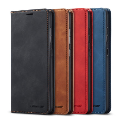 Set of leather flip phone cases in black, brown, red, and blue