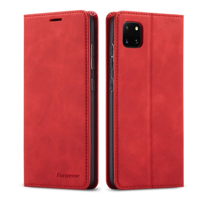 Red leather flip phone case with magnetic closure and card slots