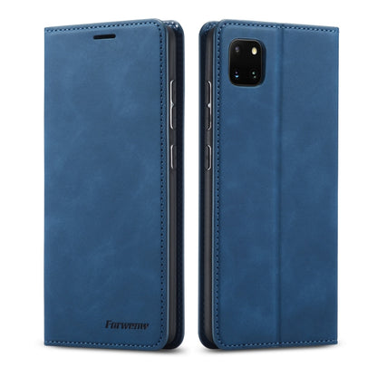 Blue leather flip phone case with magnetic closure and cutouts for camera and ports