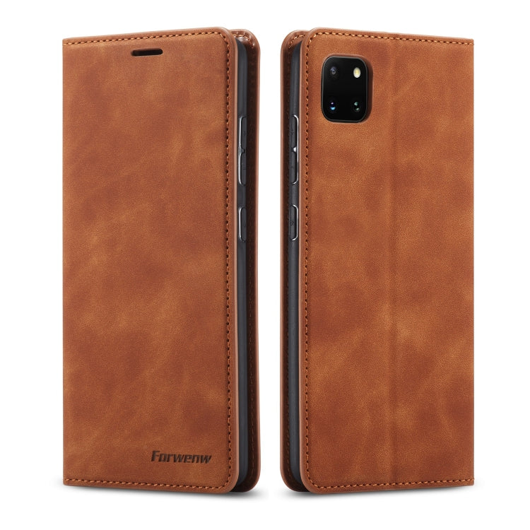 Brown leather flip phone case with magnetic closure and cutouts for camera and ports