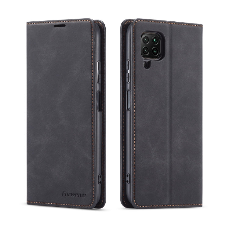 Black leather flip phone case with magnetic closure and multi-camera cutout