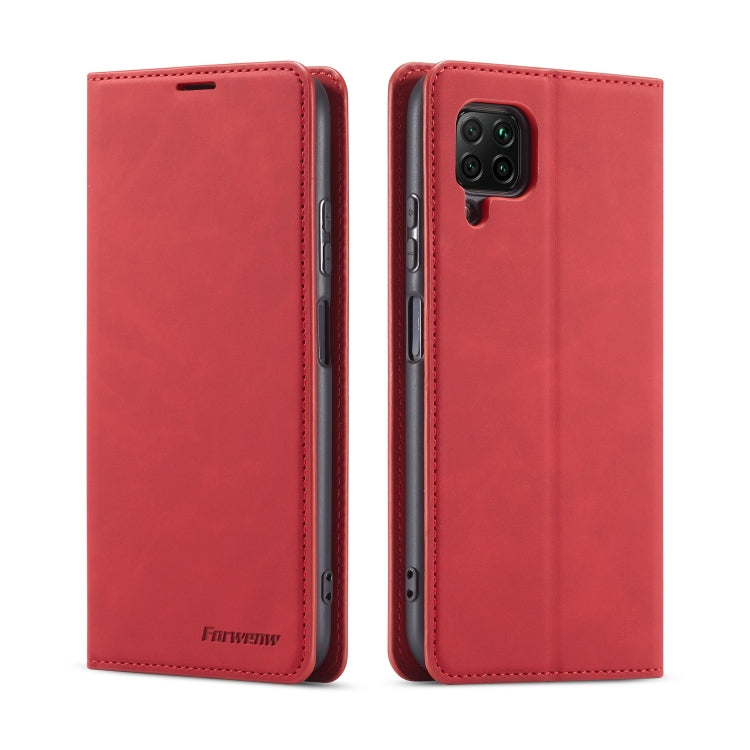 Red leather flip phone case with magnetic closure and cutouts for camera and ports