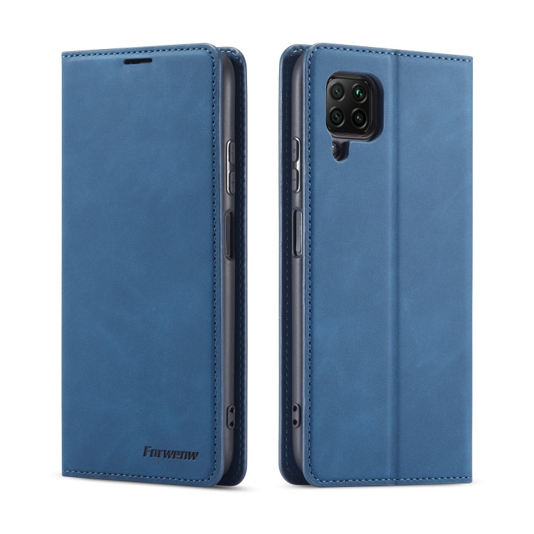 Blue leather flip phone case with camera window and openings for buttons and ports