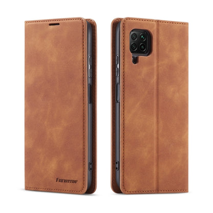 Brown leather flip phone case with magnetic closure, showing side button openings