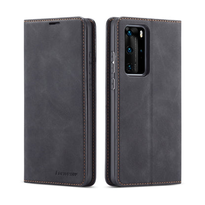 Black leather flip phone case with magnetic closure and rear camera cutout