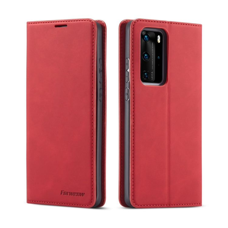 Red leather flip phone case, showing camera cutout and side button openings