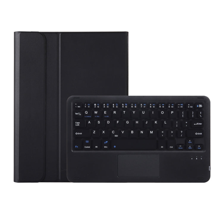Black ultra-thin leather case with Bluetooth keyboard and touchpad, laptop stand open