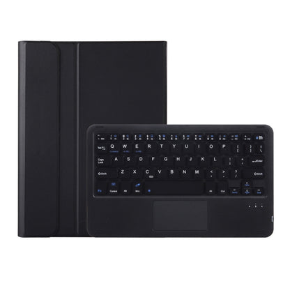 Black ultra-thin leather case with Bluetooth keyboard and touchpad, laptop stand open