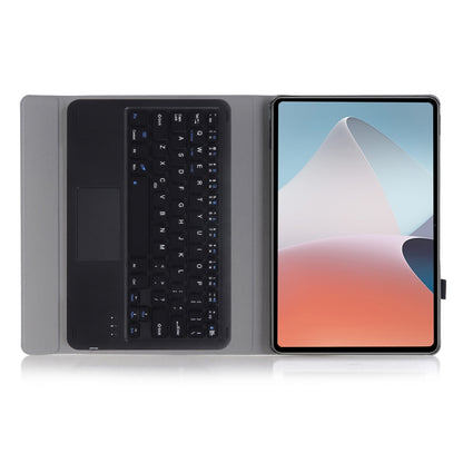 Gray ultra-thin leather case with Bluetooth keyboard and touchpad, screen folded open