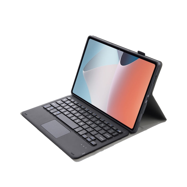 Dark gray Bluetooth keyboard leather case with touchpad, stand-up open angle