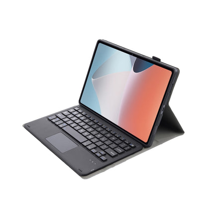 Dark gray Bluetooth keyboard leather case with touchpad, stand-up open angle
