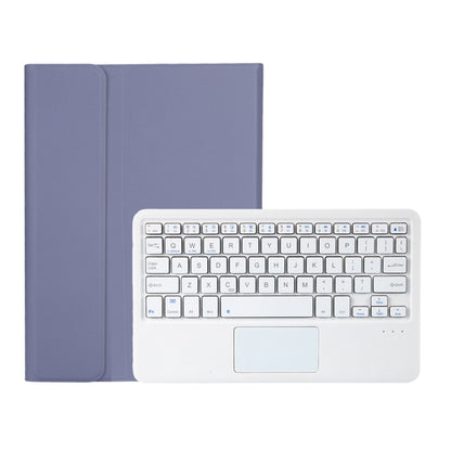 Blue-purple leather case with Bluetooth keyboard and touchpad, white keys