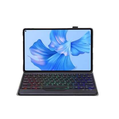 Black detachable keyboard tablet leather case, backlit keys folded out for viewing