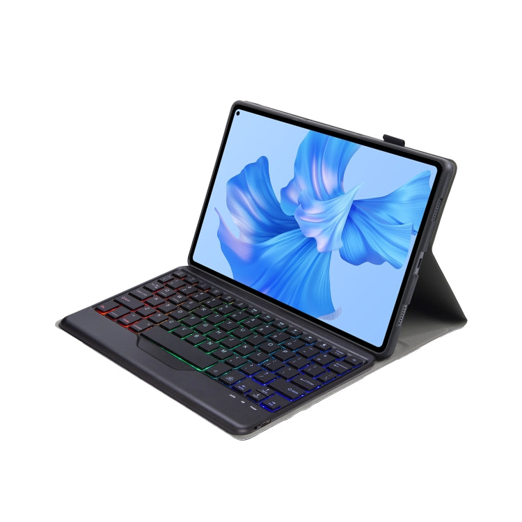 Black tablet leather case with backlit detachable Bluetooth keyboard, tablet angled on stand