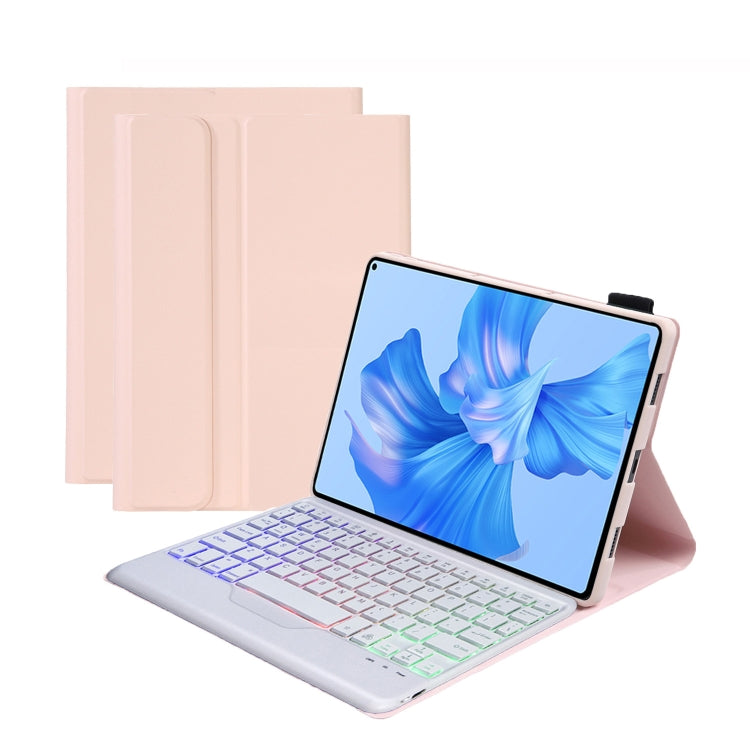 Pink detachable backlight Bluetooth keyboard tablet leather case with folio stand, keys visible