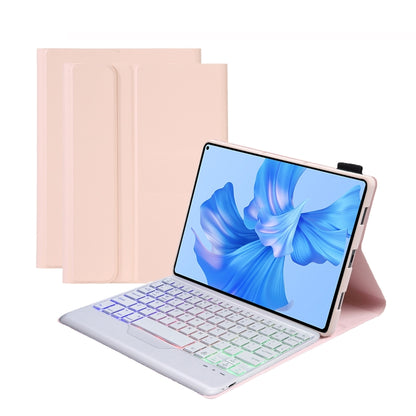 Pink detachable backlight Bluetooth keyboard tablet leather case with folio stand, keys visible