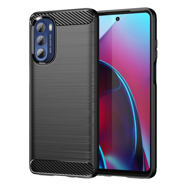 Brushed TPU phone case, dark blue with carbon-fiber corner detail, back camera cutouts and screen