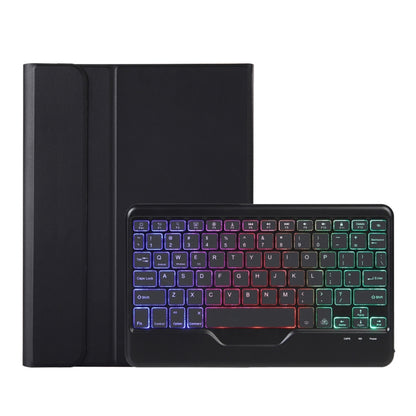 Black folio leather case with front backlit keyboard, colorful keys visible
