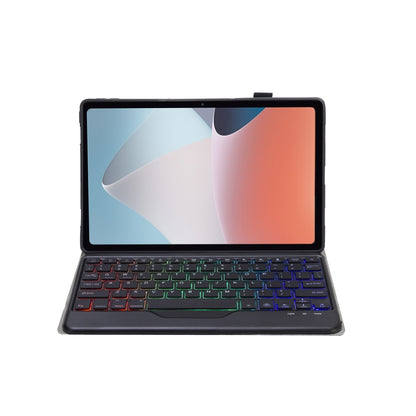 Open black keyboard case with backlit keys and front screen visible