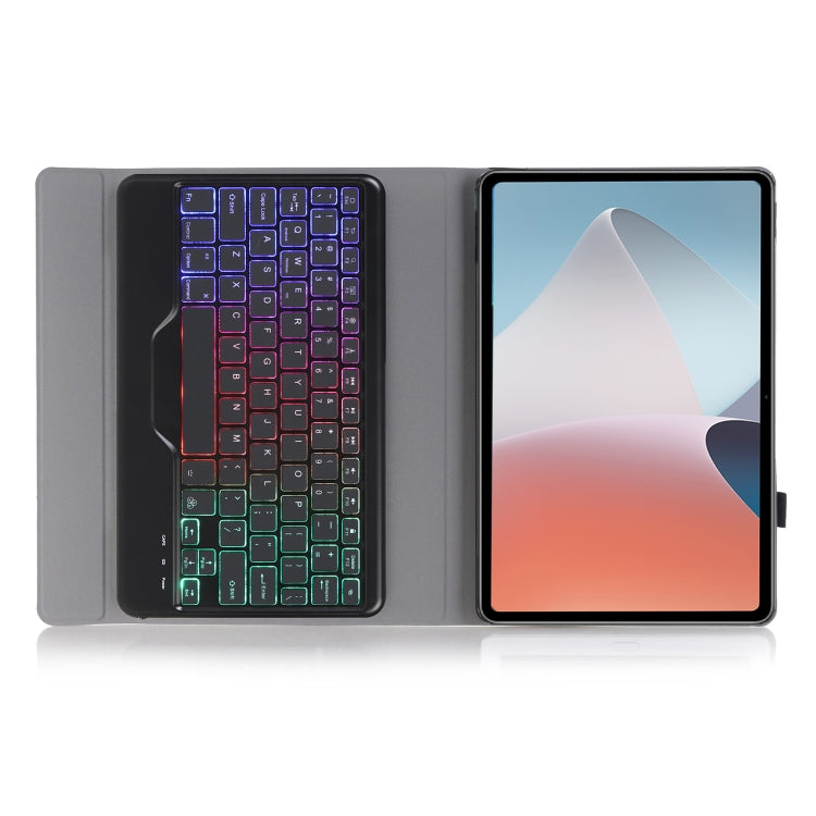 Gray folio case opened to show backlit keyboard with multicolor key lights
