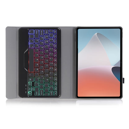 Gray folio case opened to show backlit keyboard with multicolor key lights