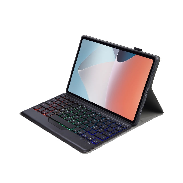 Black keyboard case with hinged stand, backlit keys glowing in rainbow colors