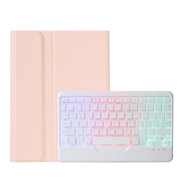 Pink folio case with open backlit keyboard, pastel multicolor lighting on keys