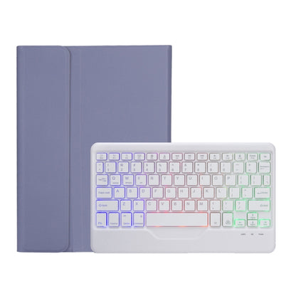 Blue folio case with open white keyboard, soft multicolor backlighting on keys