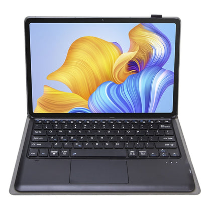 Bluetooth keyboard case with touchpad, black folio open over tablet screen