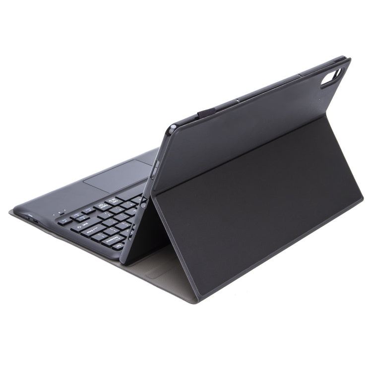 Bluetooth keyboard case with touchpad, black folio propped for viewing