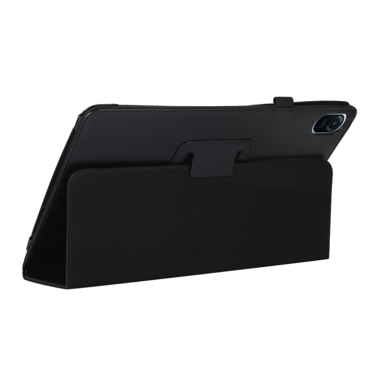 Black litchi-texture leather tablet case with kickstand, angled view