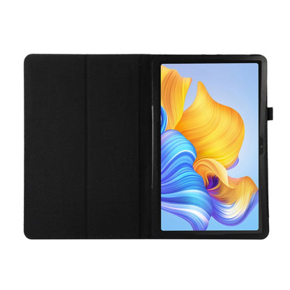 Black litchi-texture leather tablet case with holder, tablet shown