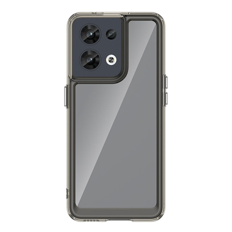 Transparent rugged phone case with clear frame, gray back panel, and reinforced camera area