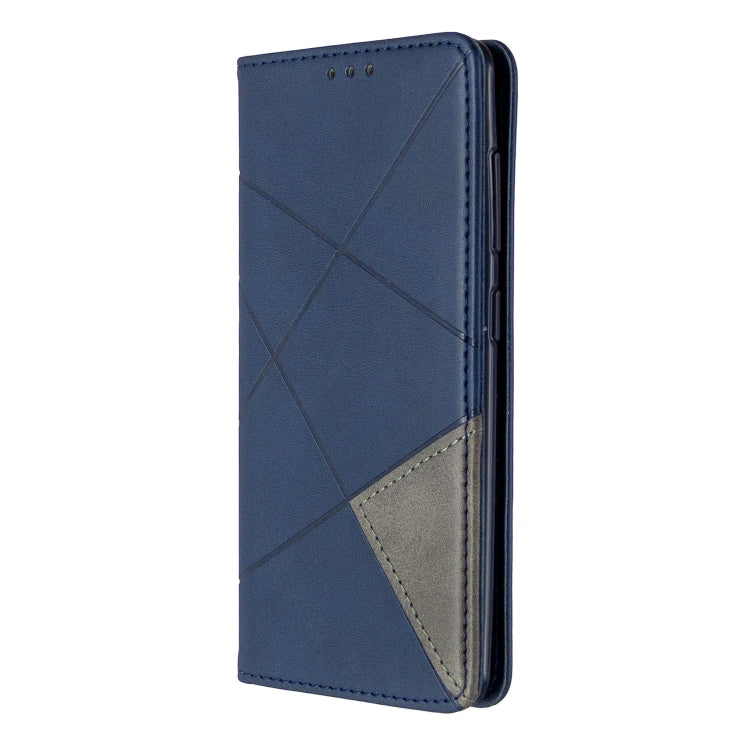 Blue rhombus-pattern flip magnetic leather phone case with card slot backing